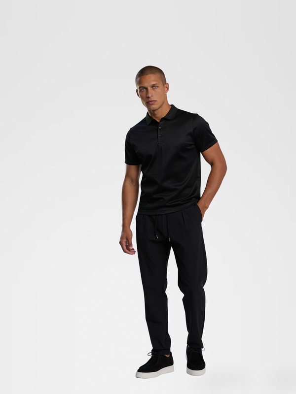 BLACK MERCERISED POLO