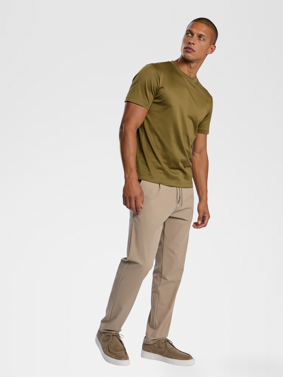 beige urbanpants, taupe shoe, olive imperial tee — lightskin_model — 3/4 Side