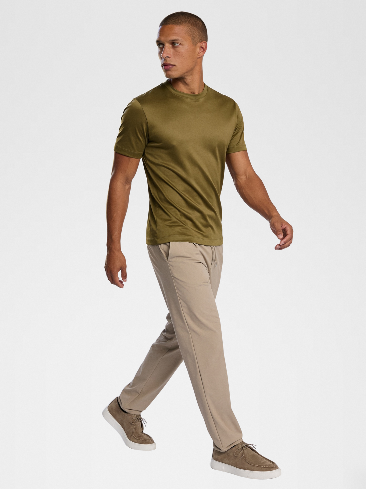 olive imperial tee, beige urbanpants, taupe shoe — lightskin_model — Walking