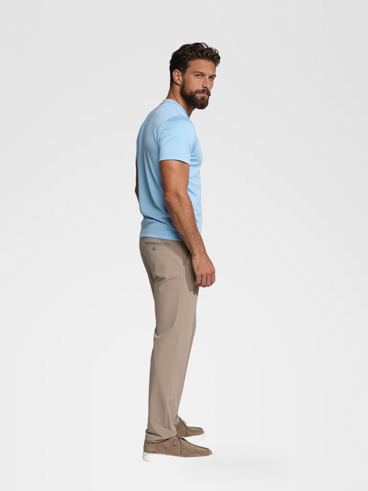 ocean blue imperial tee, beige urbanpants, taupe shoe — luxury_european — 3/4 Side