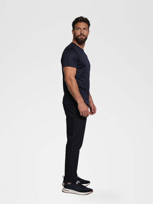 navy imperial tee, navy pants, lp navy shoe — luxury_european — 3/4 Side
