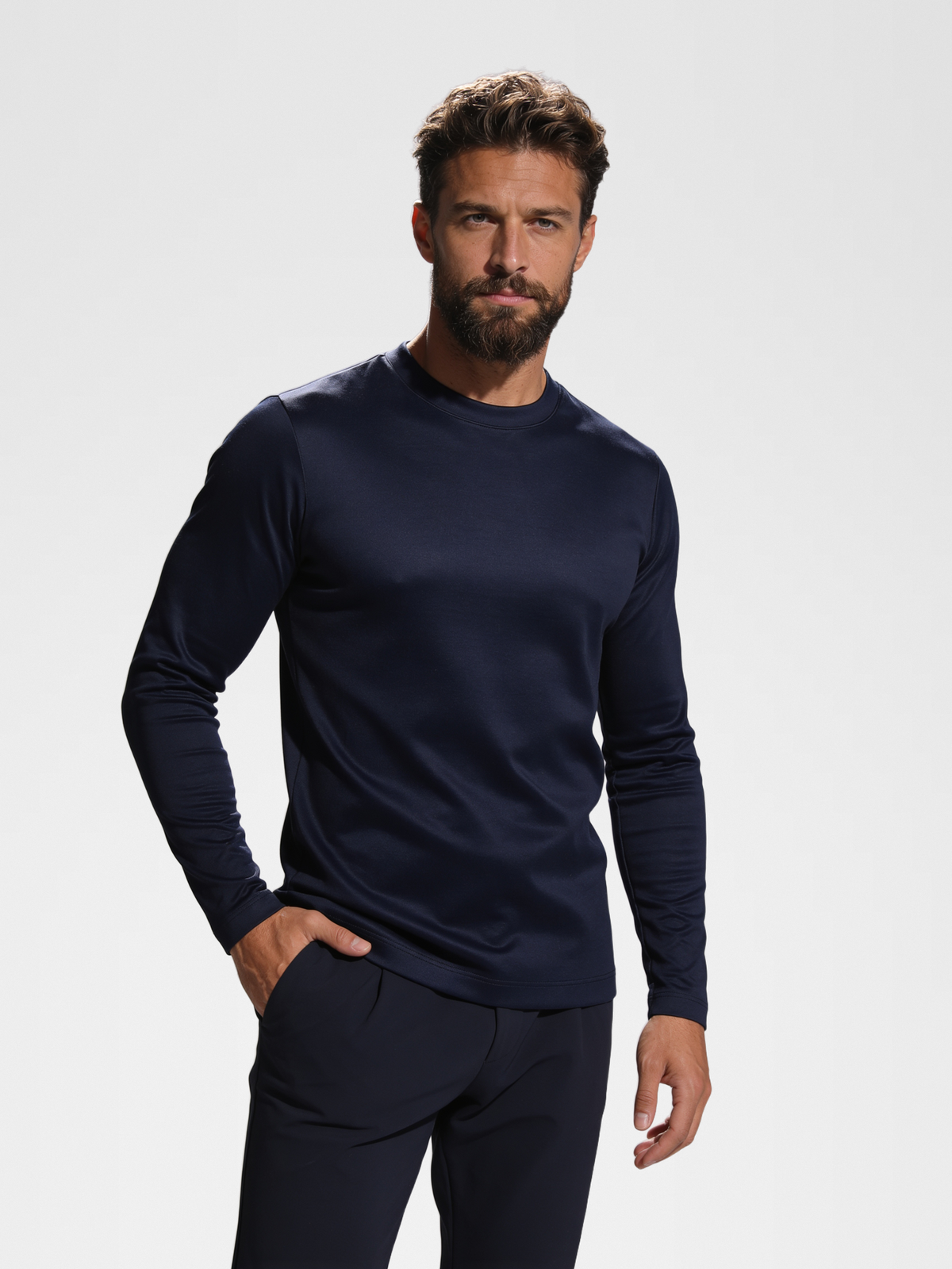 navy imperial long sleeve, midnight blue smart pants, lp navy shoe — luxury_european — Close Front
